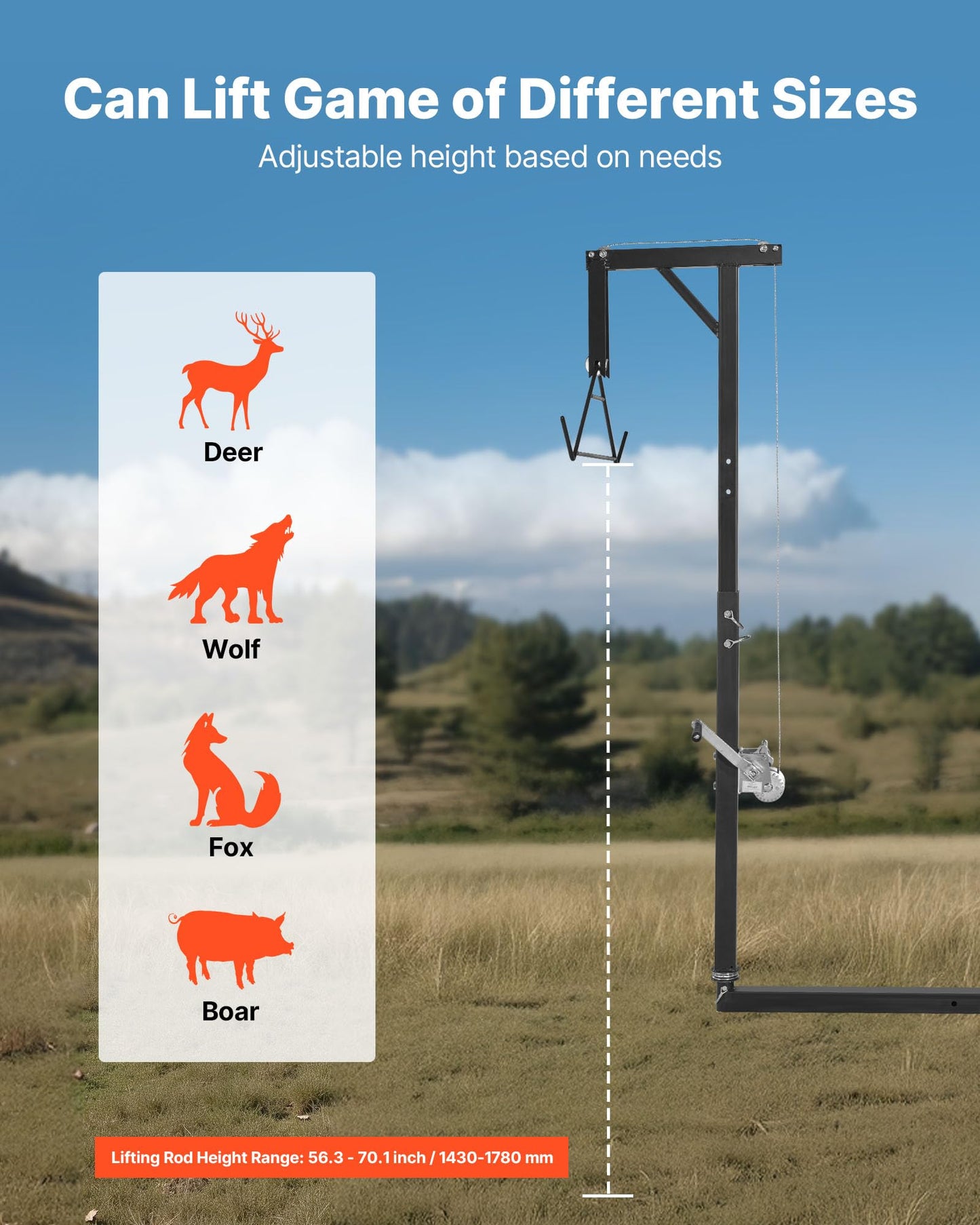 VEVOR Truck Hitch Game Hoist, 300 lbs Load Capacity, Hunting Deer Hoist with 2-inch Receiver, 360-Degree Swivel Shaft & Adjustable Height, Includes Gambrel Winch for Skinning & Cleaning Game