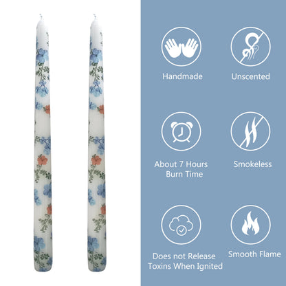 Printed Taper Candles Set of 2 – Hydrangea 10 Inch Candlesticks, Handmade Tapered Candles Unscented Long Candle for Wedding Dinner Table Home Decor