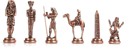 Egypt Pharaoh Antique Copper Figures Metal Chess Set for Adults Handmade Pieces and Natural Solid Wooden Chess Board with Pearl Design Around Board and Storage Inside King 3.4inc