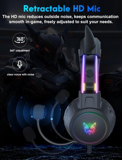 ONITOON Lightweight Gaming Headset with Detachable Cat Ears, RGB Lighting, Wired Over Ear Headphones with Mic for PC, PS4, PS5, Switch, Stereo Surround Sound, Self-Adjusting Headband