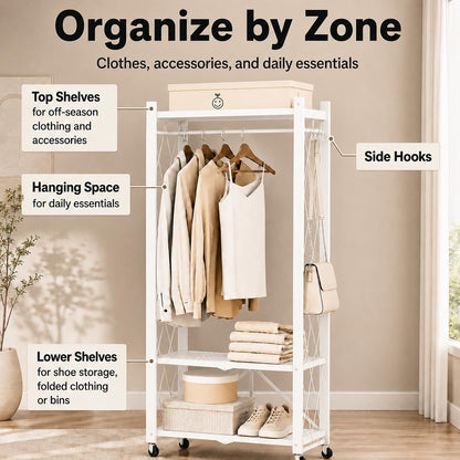 Sharkwave Living Foldable Clothing Rack with Wheels, Portable Folding Clothes Rack Organizer with Shelves and Side Hooks, Collapsible Wardrobe Closet for Bedroom or Laundry Room，White