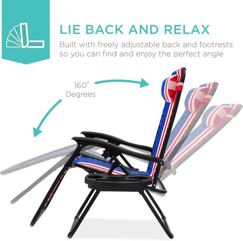 Best Choice Products Adjustable Steel Mesh Zero Gravity Lounge Chairs - Set of 2 with Pillows & Cup Holders | American Flag Design