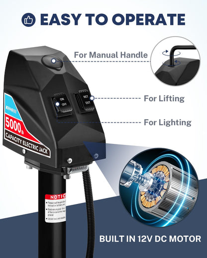 Kohree Electric Trailer Jack 5000 lbs with 7-Way Connector, Heavy Duty RV Electric Tongue Jack for Travel Trailer A-Frame Camper, with Manual Crank Handle & Weatherproof Jack Cover, 22" Lift, 12V DC