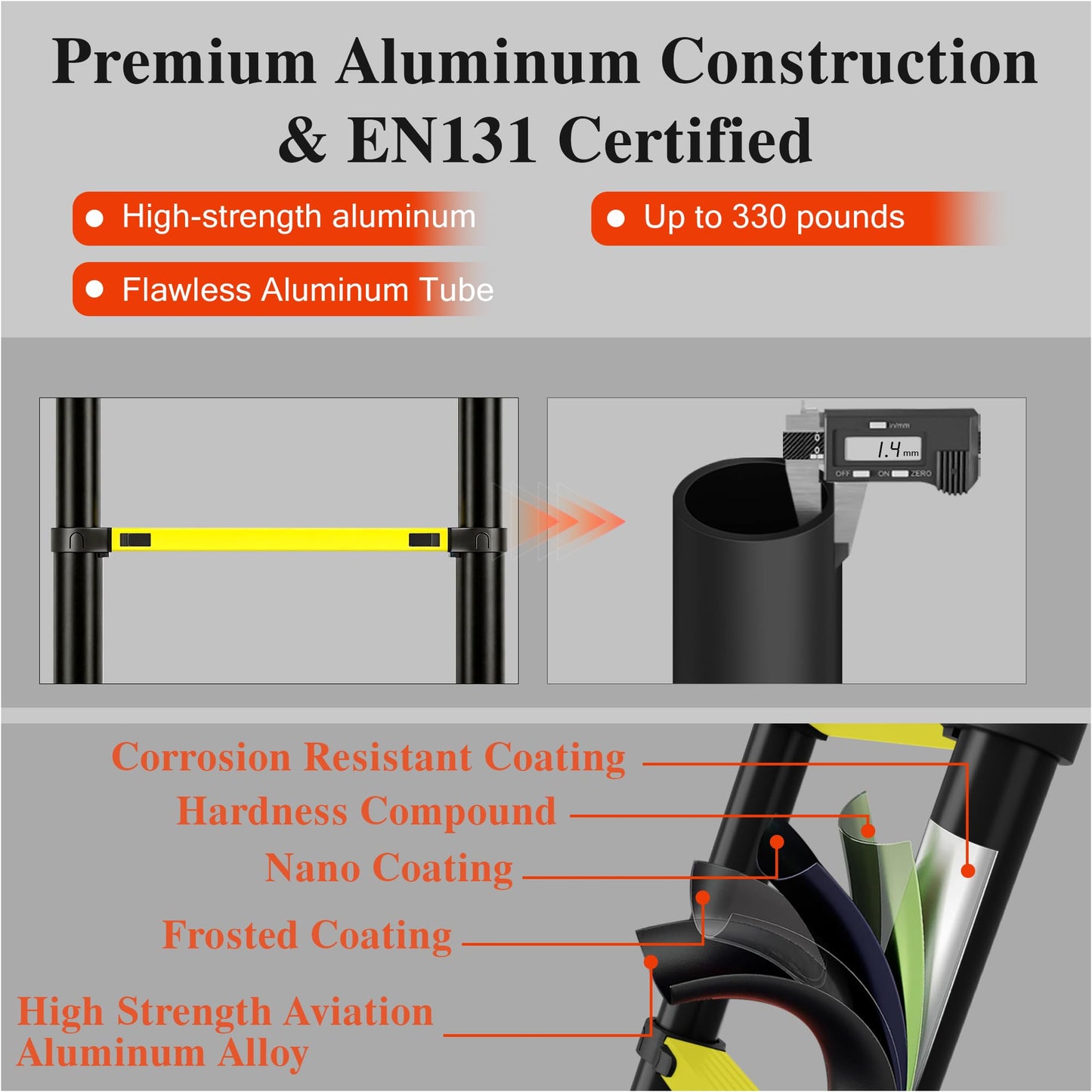 Telescoping Ladder A Frame 16.5Ft Aluminum with Stabilizer Bar, 330 LBS Capacity, Collapsible Extension Ladder for House, Roof, RV & Travel Trailer(Black+Yellow)