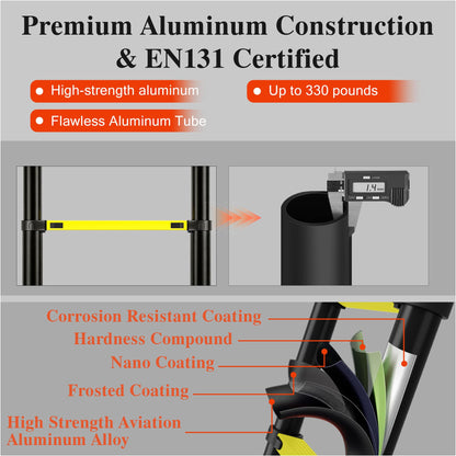 Telescoping Ladder A Frame 16.5Ft Aluminum with Stabilizer Bar, 330 LBS Capacity, Collapsible Extension Ladder for House, Roof, RV & Travel Trailer(Black+Yellow)