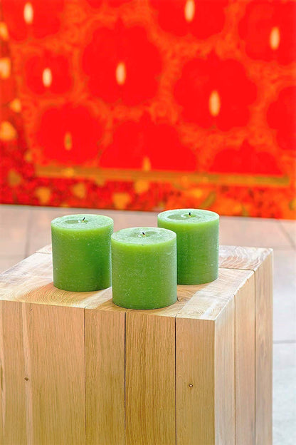 Set of 3 Pillar Candles 3" x 3" Unscented Handpoured Weddings, Home Decoration, Restaurants, Spa, Church Smokeless Cotton Wick - Green