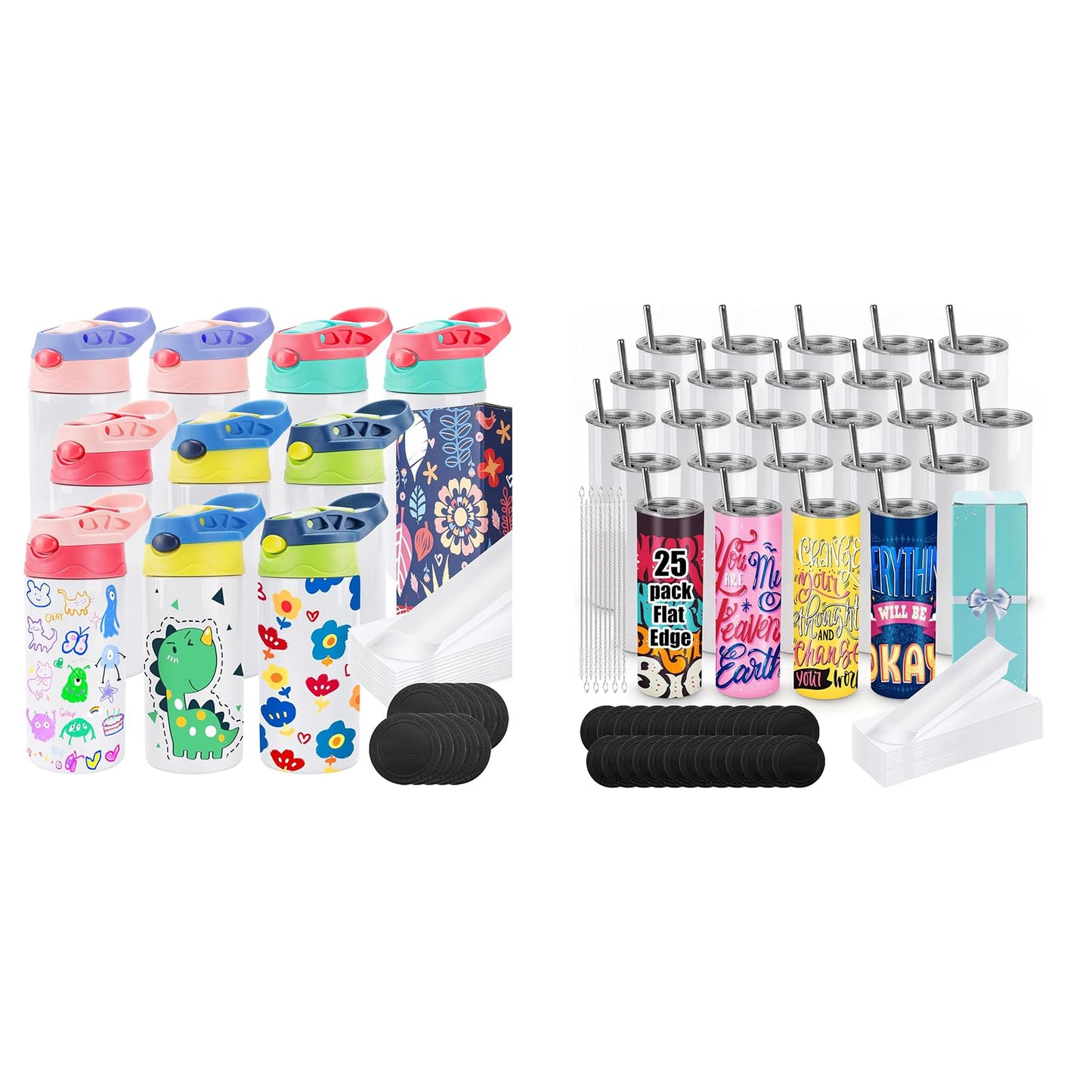 Joyclub Bundle of 10 Pack 12oz Kids Sublimation Tumbler Water Bottle and 25 Pack 20 oz Sublimation Tumblers Flat Edge Cups