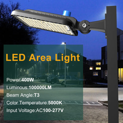 400W LED Parking Lot Lights Outdoor 100000lm(250LM/W) IP65 Commerical LED Parking Lot Lights with Smart Photocell 6KV SPD 5000K Arm Mount Flood Lighting for Parking Lot, Roadways,Stadium,Yard,-2Pack