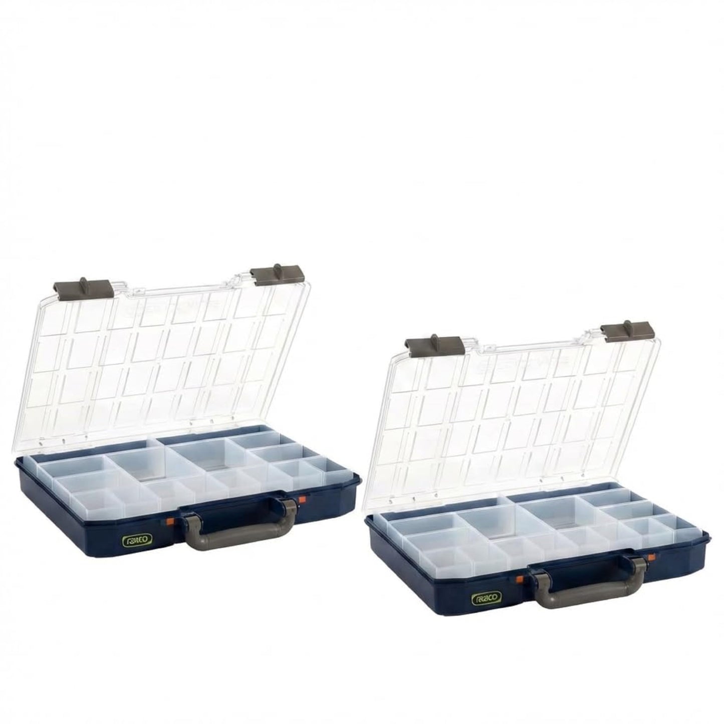 Raaco CarryMore 55 Storage System – Includes 2 CarryLite Slim 2.3 Inch Height Organizers (16 Inserts Each) – Stackable Modular Tool Storage Unit – Portable Hardware & Parts Organizer (2X CarryLite 55)