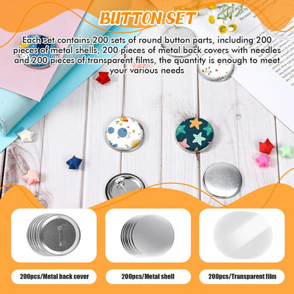 Vanttokeey 200Pcs Button Maker Supplies, 25mm 32mm 58mm Button Supplies Badge Part with Metal Back Cover, Metal Shells, Transparent Film (58mm/2.25in)