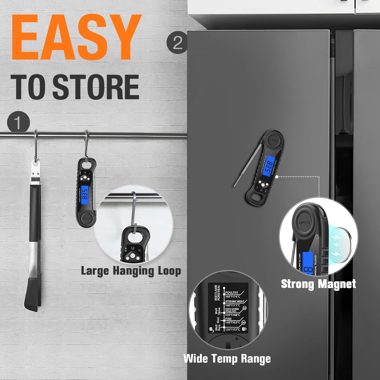 AMMZO Digital Meat Thermometer - Instant Read Cooking & Grilling Tool | Essential Kitchen Gadget