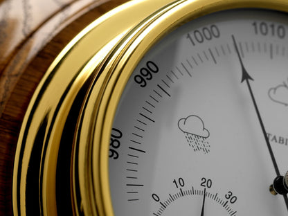Tabic Brass Barometer with Built in Hygrometer and Thermometer Mounted on an English Oak Mount, Heavy Lacquered Brass (1/2kg), Sailing Ship Yacht Boating Clock, Handmade in England