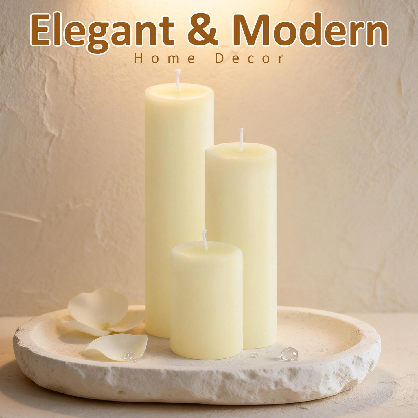 CHICERA 24-Pack Ivory Unscented Pillar Candle Set - 2x3, 2x6, 2x8-inch Long-Burning Drip-Free Tapers, 8 Per Size. Ideal for Home Decor, Weddings, Emergencies, and Holidays.