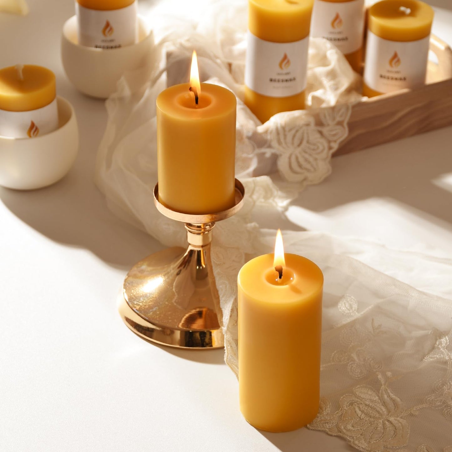 AGLARY 6PCS Beeswax Pillar Candles,Large Handmade Pure Beeswax Candle,Long Lasting Burn Time，Unscented Smokeless，2 * 4",28H, Raw