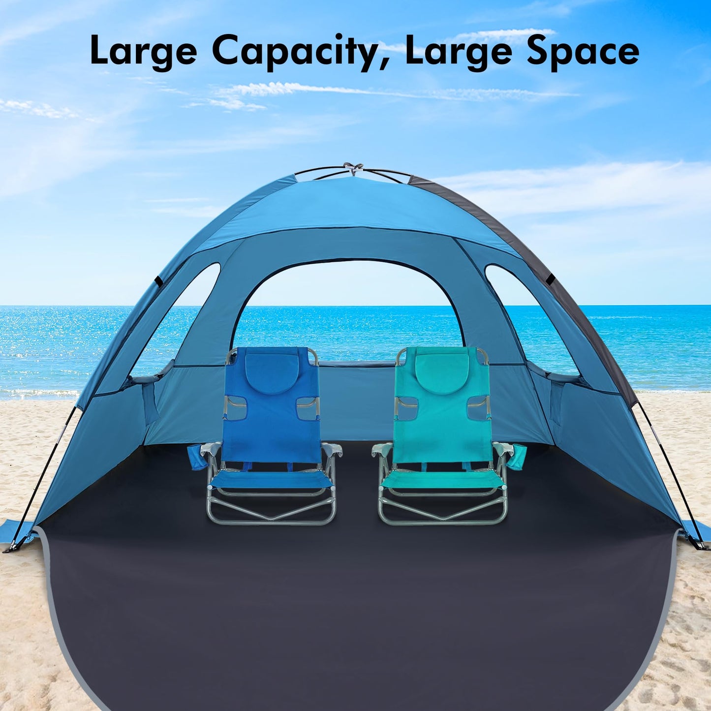 WhiteFang Beach Tent Anti-UV Portable Sun Shade Shelter for 6 Person, Extendable Floor with 3 Ventilating Mesh Windows Plus Carrying Bag, Stakes and Guy Lines (Blue)