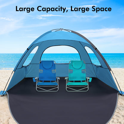 WhiteFang Beach Tent Anti-UV Portable Sun Shade Shelter for 6 Person, Extendable Floor with 3 Ventilating Mesh Windows Plus Carrying Bag, Stakes and Guy Lines (Blue)