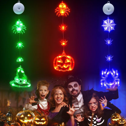 suddus 3 Pack Halloween Lights Battery Operated with Timer, Orange Pumpkin Violet Spider Green Witch Hat Halloween Decor Window Lights with Suction Cup for Home Indoor Party Decorations