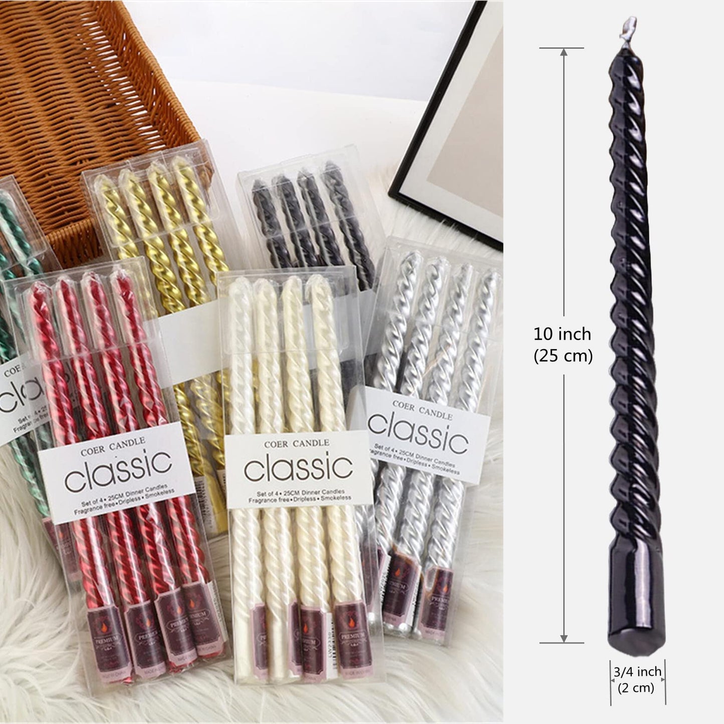 SEVEN LUCKY LIGHT 10 Inch Spiral Black Taper Candles Set of 4, Metallic Finish Dripless Candlesticks, 8+ hrs Smokeless Clean Burning for Halloween, Home, Dinner, Wedding & Church Decor