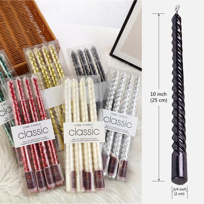 SEVEN LUCKY LIGHT 10 Inch Spiral Black Taper Candles Set of 4, Metallic Finish Dripless Candlesticks, 8+ hrs Smokeless Clean Burning for Halloween, Home, Dinner, Wedding & Church Decor