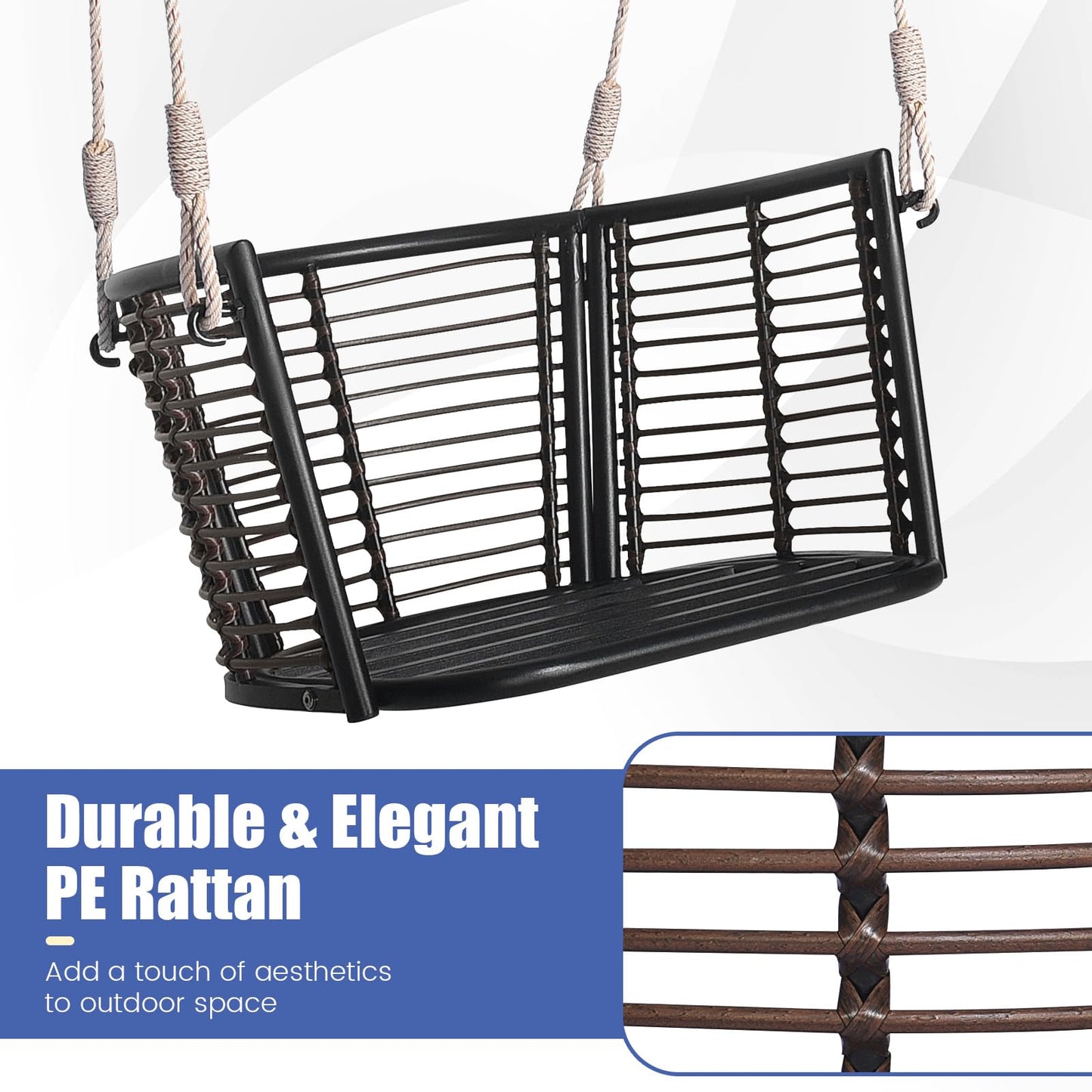 HAPPYGRILL Porch Swing Patio Hanging Rattan Basket Chair, Swing Hammock Chair with Seat Cushion & Back Cushion, PE Rattan, Sturdy Metal Frame, Wicker Hanging Rope Swing, (Navy)