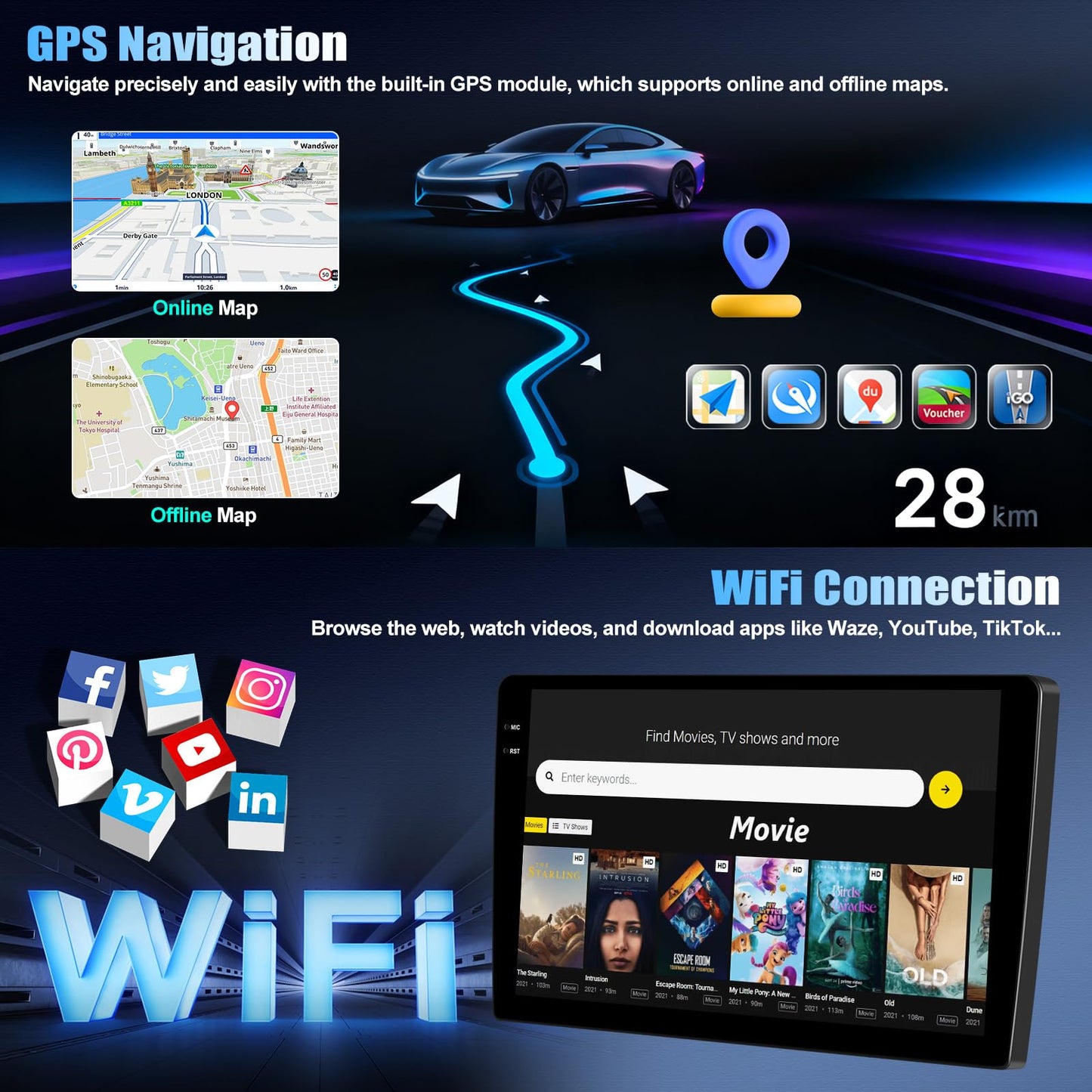 4+128G Android 15 Car Stereo for Jeep Compass Patriot 2010-2016 with Wireless Carplay Android Auto, 10.1 inch 1280 * 720P IPS Touchscreen Bluetooth Car Radio Support GPS WiFi AHD Rear Camera