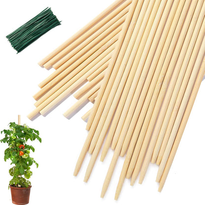 Bamboo Plant Stakes - 18 Inch Wooden Support for Potted Plants | 46 PCS with Wires for Gardening