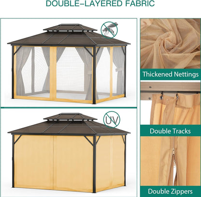 10'X13' Hardtop Gazebo, Outdoor Polycarbonate Double Roof with Curtains and Netting, Aluminum Frame Sunshade for Patio, Garden and Lawn