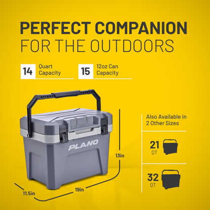 Plano Frost Cooler, 14-Quart Hard Cooler, Storm Gray, Insulated Ice Chest for Camping and Fishing, Dual-Stage Molded Latches, Airtight Dri-Loc Seal, Includes Removable Dry Basket