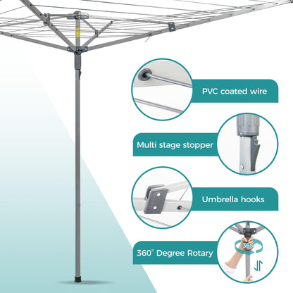 Sukkiri Homu Foldable Laundry Drying Rack, Umbrella Style Clothes Dryer 131 Ft Clothesline for Outdoor Backyard Use, Portable Garment Airer (78.74" H x 68.5" W x 49.61" L)