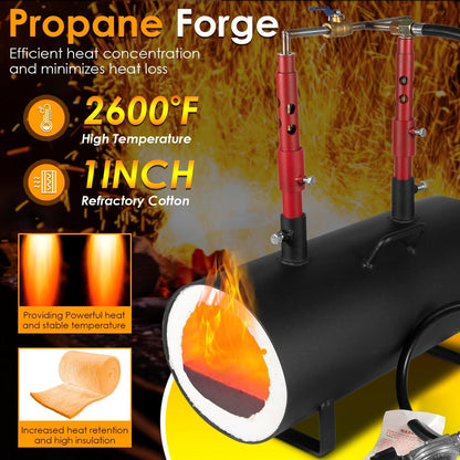 Propane Gas Forge, Double Burner Blacksmithing Forge Large Capacity Forge, Oval Propane Burner Forge with 16.85 Inch V-Bit Tongs & Leather Welding Gloves for Farrier, Knife and Tool Making