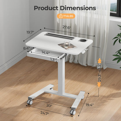 JYLH JOYSEEKER Mobile Standing Desk with Drawer, 28" Rolling Desk with Cup Holder and Hooks, Portable Laptop Cart on Wheels, Height Adjustable Workstation with Storage for Home Office, White
