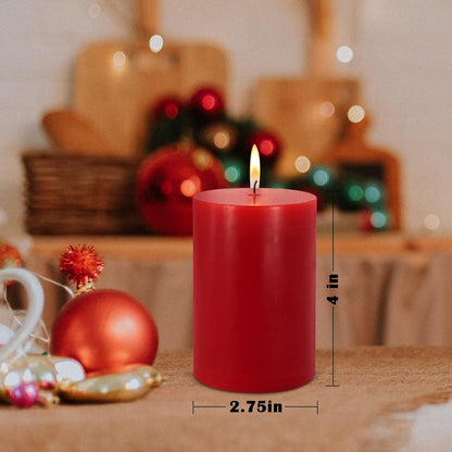 2.75“ x 4” Hand Poured Unscented Candles, Red Dripless Pillar Candles Set of 6, Long Burning, Clean and Neat, Burn Time Approx. 90 Hours, Rustic, Weddings, Dinner Parties, Christmas, and Home Décor