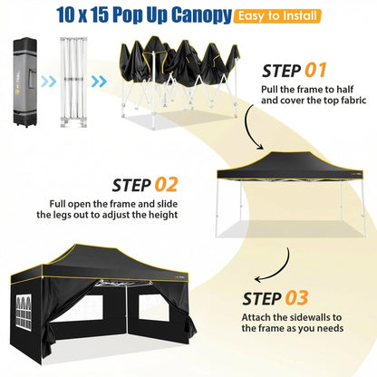 HOTEEL 10x15 Heavy Duty Pop up Canopy Tent for Parties with 4 Sidewalls, Easy Setup Outdoor Commercial Instant Gazebo for Wedding Event, with Roller Bag & Sand Bags, Black(Hexagonal Frame)