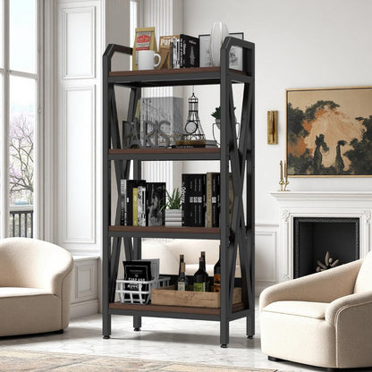flowmultiply 4-Tier Bakers Rack Storage Shelf – Metal & Wood Kitchen Organizer with Adjustable Shelves, Rustic Industrial Shelf for Pantry or Office (15.8" L × 25.6" W × 56.3" H)