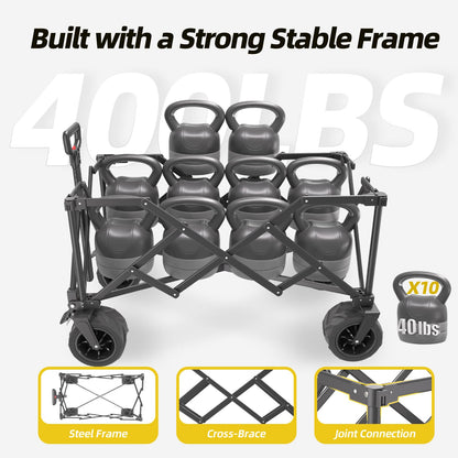 EchoSmile Collapsible Folding Wagon Cart with Compact Storage - 400Lbs Capacity All Terrain Utility Cart for Camping, Beach, Grocery, Garden,Black