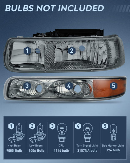 Nilight Headlight Assembly for 1999 2000 2001 2002 Chevy Silverado 1500 1500HD 2500 2500HD 3500 Chevrolet Tahoe Suburban Replacement Headlamp Housing Bumper Lights Set
