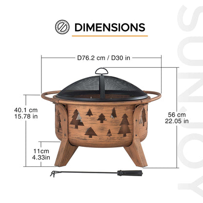 Sunjoy Fire Pit 30 in. Outdoor Wood-Burning Fire Pit, Patio Tree Motif Round Steel Firepit Large Fire Pits for Outside with Spark Screen and Poker