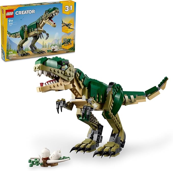 LEGO Creator 3 in 1 T Rex Toy - Dinosaur Toy Building Set for Kids Boys &amp Girls Ages 9+ - 3 Building Options T-Rex to Triceratops to Pterodactyl - Gift Idea for Birthdays - 31151