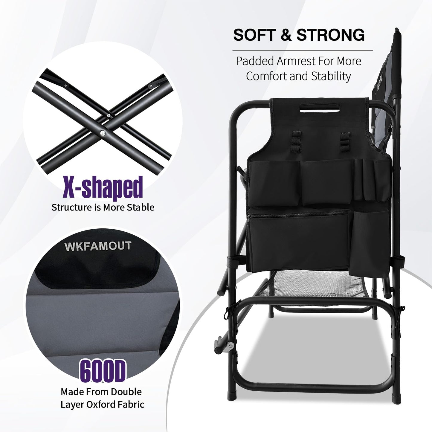 WKFAMOUT Tall Folding Directors Chair with Side Table 30.71" Seat Height Foldable Camping Chair Bar Stool for Makeup Artist Face Painting with Footrest and Storage Pocket Supports 350LBS