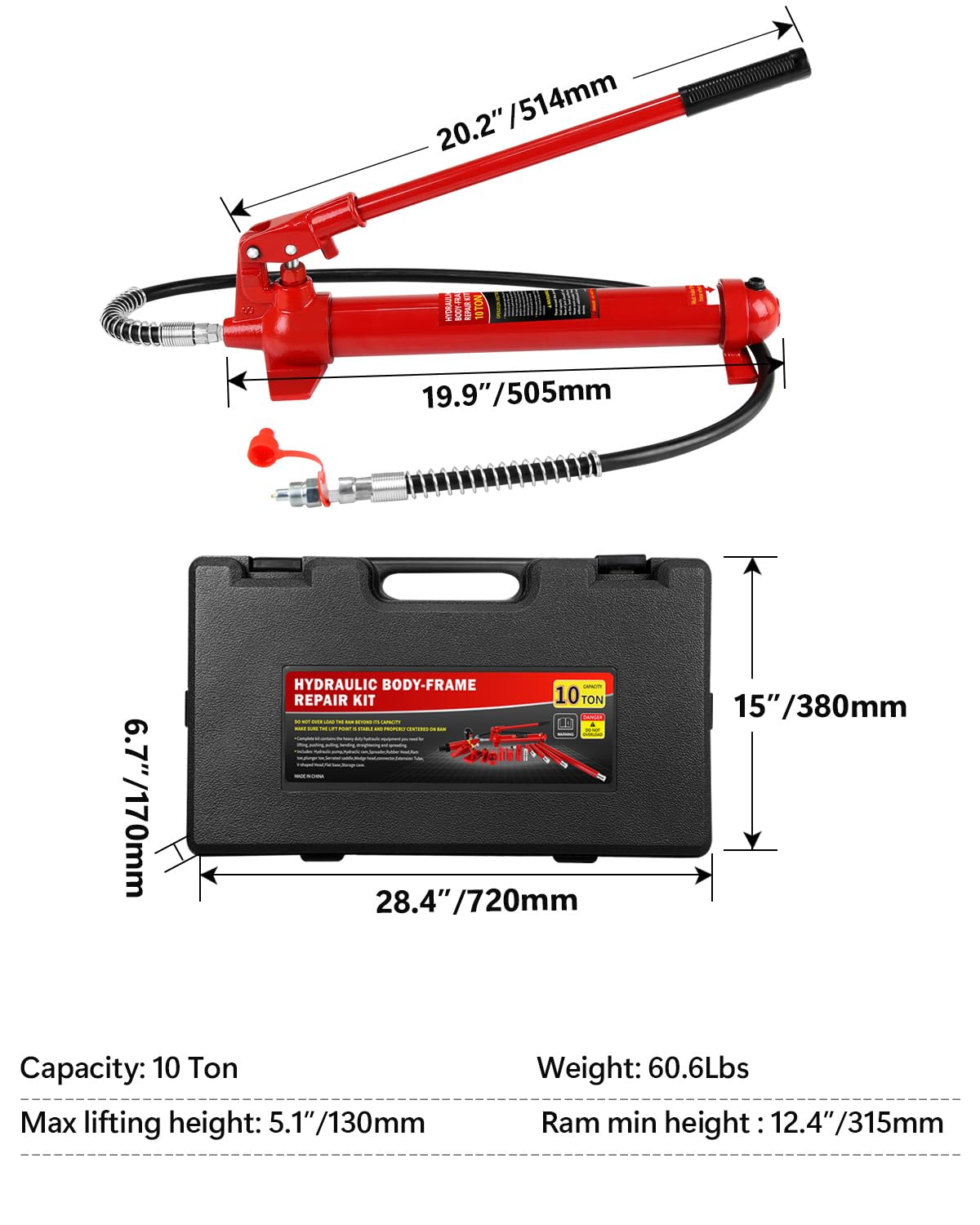 10 Ton Porta Power Hydraulic Jack Kit - 20,000 LBS Capacity Heavy Duty Hydraulic Ram Set with 17-Piece Accessories & Carrying Case, for Auto Truck Tractor Equipment Repair, Max Lift 5.1 Inch