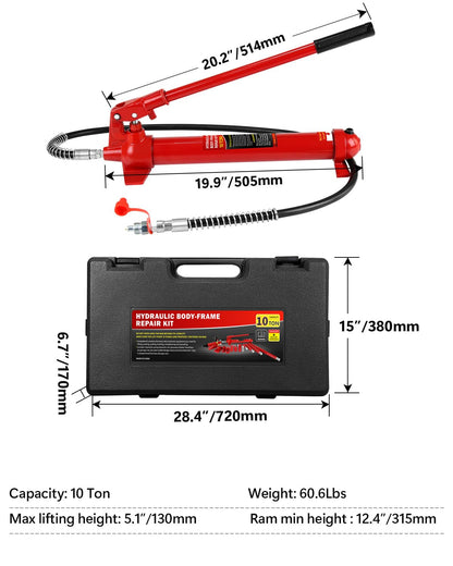 10 Ton Porta Power Hydraulic Jack Kit - 20,000 LBS Capacity Heavy Duty Hydraulic Ram Set with 17-Piece Accessories & Carrying Case, for Auto Truck Tractor Equipment Repair, Max Lift 5.1 Inch