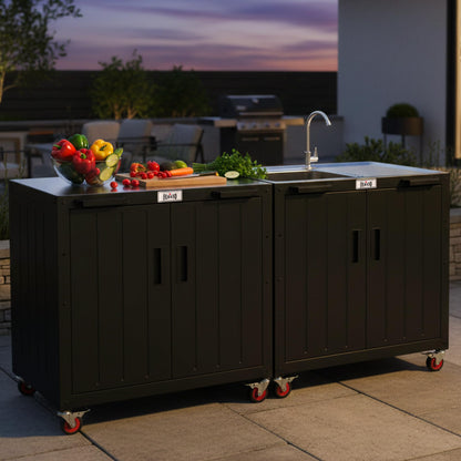 Feasto Outdoor Grill Cart with Storage Cabinet and Stainless Steel Top, 35-Inch Outdoor Grill Station with Door, Modular Kitchen Island for Food Prep and BBQ, Black & Silver