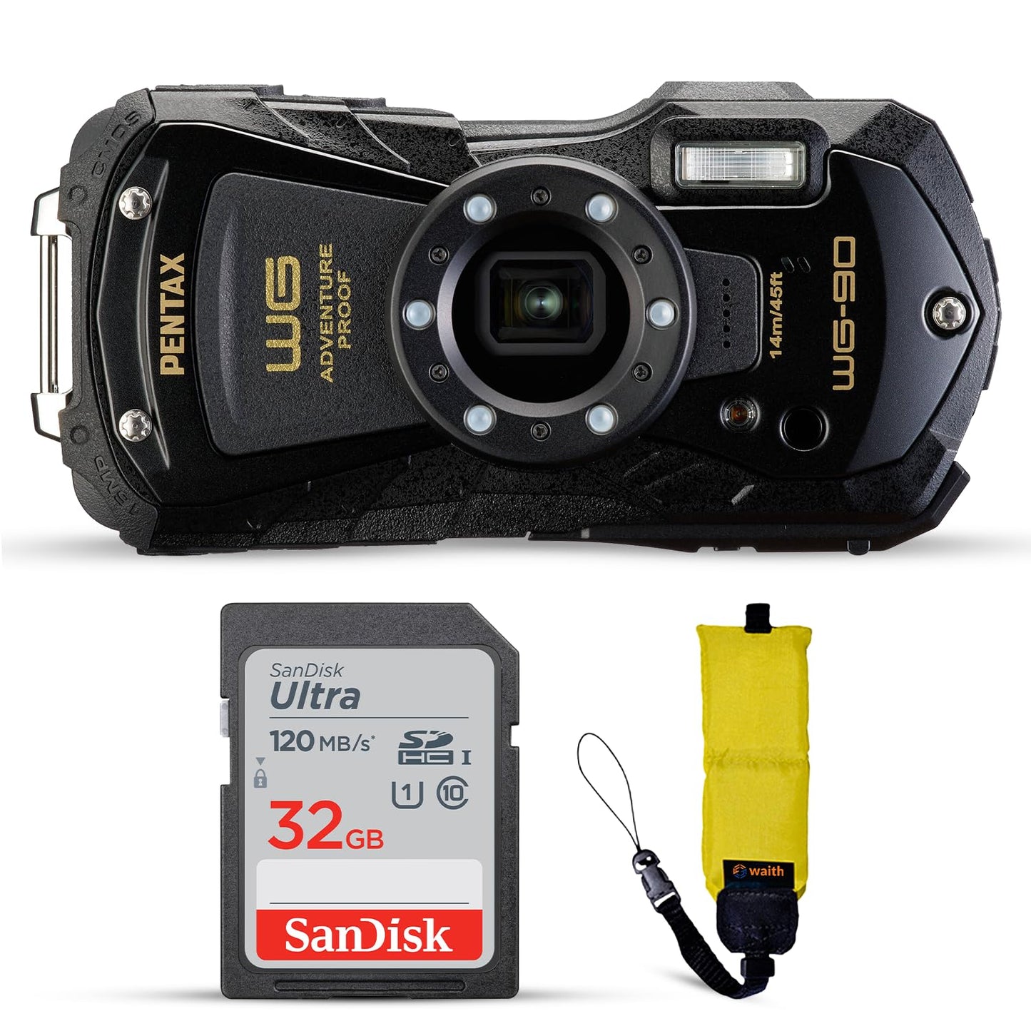 Pentax WG-90 Waterproof Digital Camera (Black) | 2.7" LCD Monitor Display Camera with 32GB Ultra UHS-I SDHC Memory Card and Waith Quick Release Camera Floating Strap (Yellow) - Essential Bundle Kit