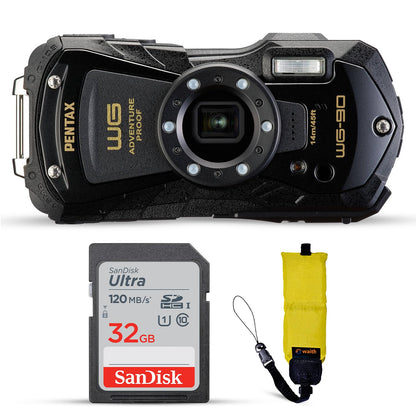 Pentax WG-90 Waterproof Digital Camera (Black) | 2.7" LCD Monitor Display Camera with 32GB Ultra UHS-I SDHC Memory Card and Waith Quick Release Camera Floating Strap (Yellow) - Essential Bundle Kit