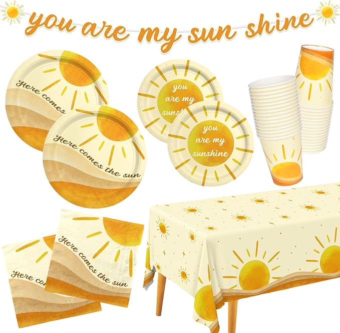 Boho Sun-Theme Birthday Party Supply Set Complete Baby Shower Decorations with Sunshine Disposable Paper Plates Cups Tablecloth Banner and Napkins for 25 Boho Baby Shower Party Decorations.