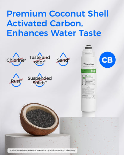 Waterdrop G3-2CFCB Filter, Replacement for Waterdrop G3-W & G3P600 & G3P800 Reverse Osmosis System, Pack of 2 G3-N1CF Filters and 1 G3-N3CB Filter, 1-Year Combo