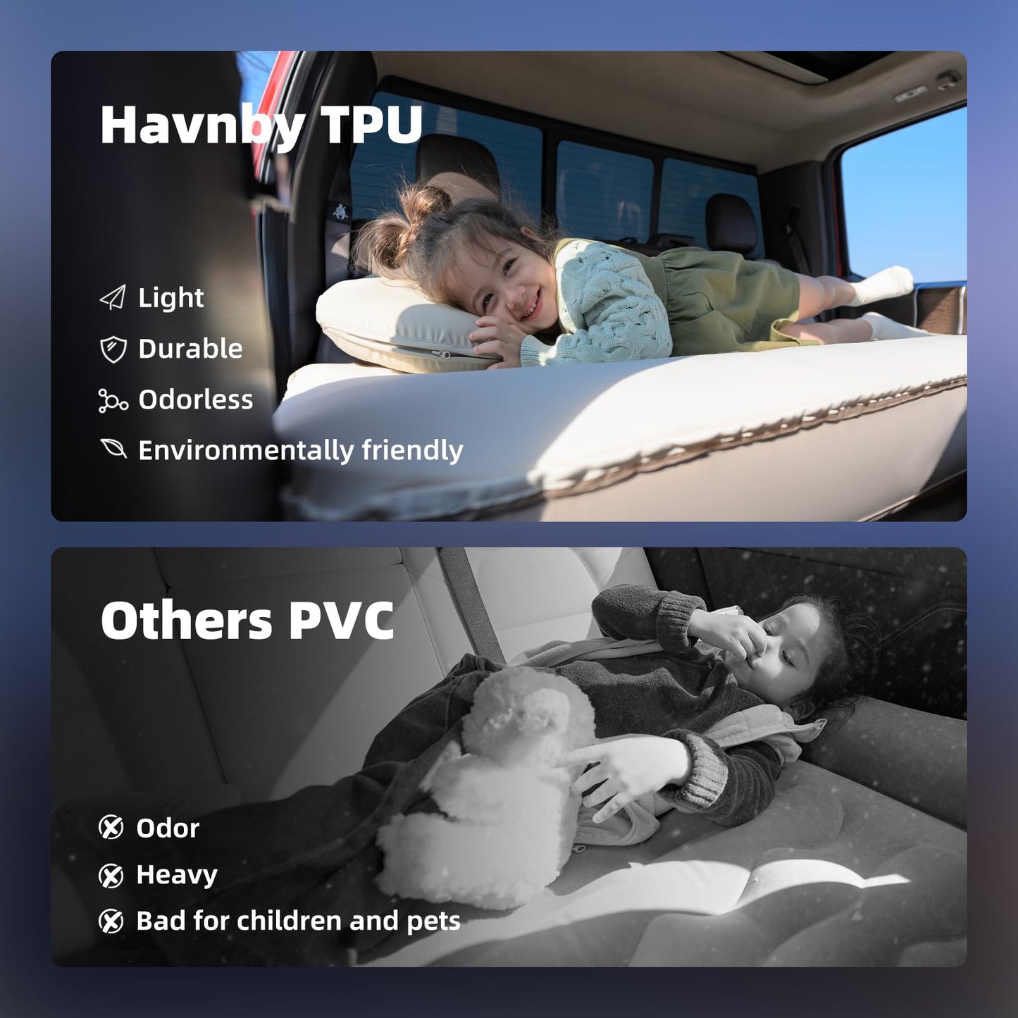 Havnby Truck Mattress, TPU Air Foam Camping Bed, Back Seat Inflatable SnugNest with Rechargeable Built-in Pump, Portable Travel Sleeping Mattress for Pickup Trucks
