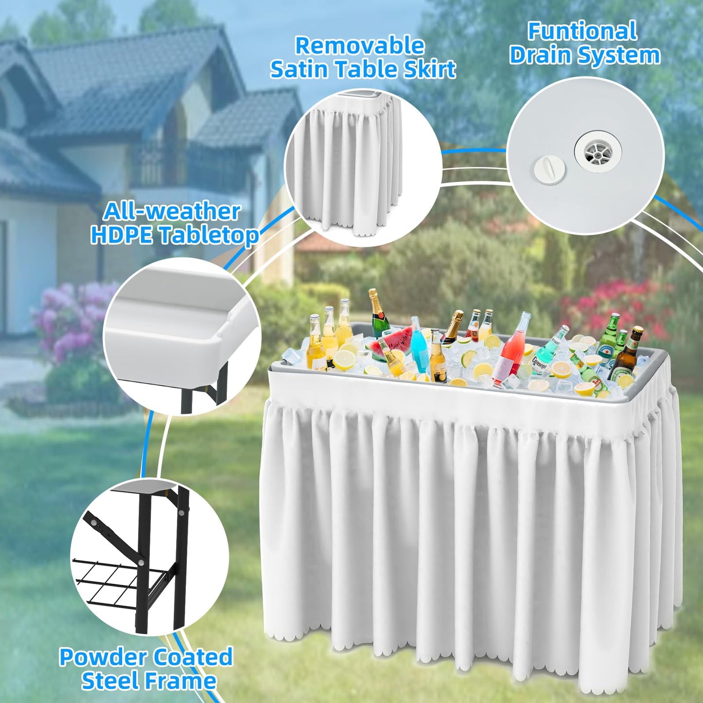 SHAREWIN Folding Ice Cooler Table, Skirt &Drain Hose Plastic Chill Table to Keep Drinks Cool, Portable Foldable Self-Serving Beverage Cooling Bar for Parties, Picnics, Barbecues, Fishing(White