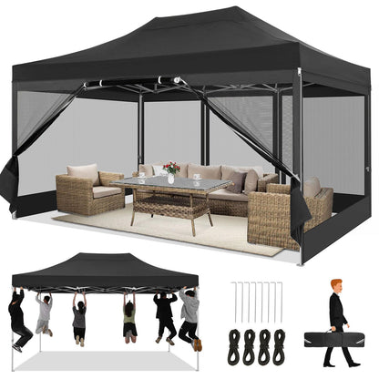 COBIZI 10x15 Heavy Duty Pop Up Canopy with 4 Sidewalls, Commercial Gazebo Party Tent with Mosquito Netting Wall Easy Set Up Outdoor Instant Screen Tent for Backyard, Patio, Garden, Black