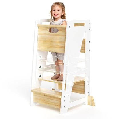 Toddler Standing Stool with Sliding Door, 3-Height Adjustable Kitchen Step Stool for Kids, Sturdy Wooden Learning Tower with Non-Slip Feet, Ages 18 Months–6 Years, White